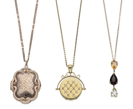 Two gold lockets and a gem-set pendant, comprising a 9ct gold locket with scroll outline and engraved decoration, an 18ct gol
