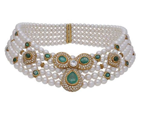 An emerald, diamond and cultured pearl collar, the five rows of graduated cultured pearls interspersed with oval-cut emeralds