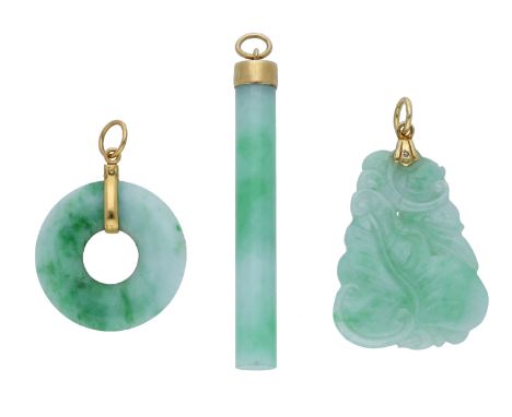 Three jade pendants, comprising a Bi, cylindrical and carved jade pendant respectively, each mounted to gold pendant fittings