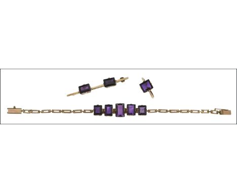 An amethyst bracelet, ring and brooch, the articulated bracelet set with a graduated row of step-cut amethysts, together with