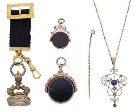 A small collection of antique jewels, comprising two late 19th century swivel fob seals, inlaid with polished agate and blood