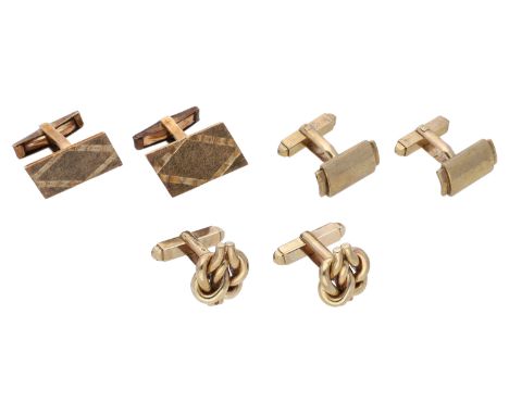 Three pairs of 9ct gold cufflinks, comprising a pair of slanted rectangular cufflinks with textured finish, a pair of plain p