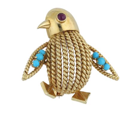 A gold novelty brooch, by Hans Georg Mautner, 1968, the 18ct gold penguin with openwork bombé body of ropetwist design, the p