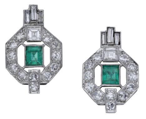 A pair of emerald and diamond earrings, converted from an Art Deco bracelet, circa 1925, of openwork geometric form, each set