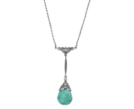 An emerald and diamond pendant, first quarter of the 20th century, the pierced pendant with millegrain detailing and set with