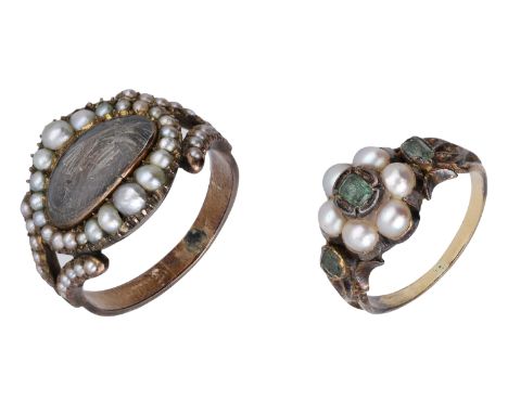 Two early 19th century memorial rings, the first with a central glazed hairwork compartment within a seed pearl surround betw