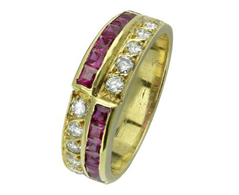 A two row ruby and diamond ring, set with alternating rows of graduated brilliant-cut diamonds and calibré-cut rubies, stampe