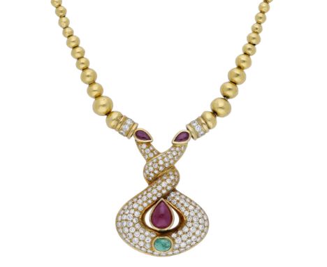 A ruby, emerald and diamond necklace, the graduated gold bead necklace leading to a pavé-set brilliant-cut diamond frontispie