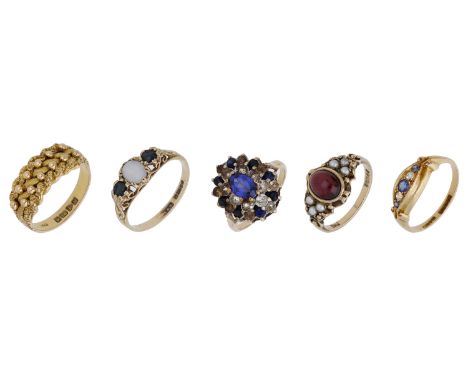 A collection of five rings, comprising an 18ct gold woven ring, an 18ct gold  sapphire and diamond three stone ring, two 9ct 