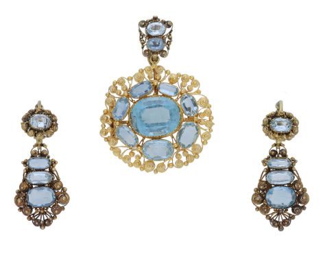 A Georgian aquamarine pendant / brooch and earring suite, set with a cluster of cushion-shaped mixed-cut aquamarines, in an o