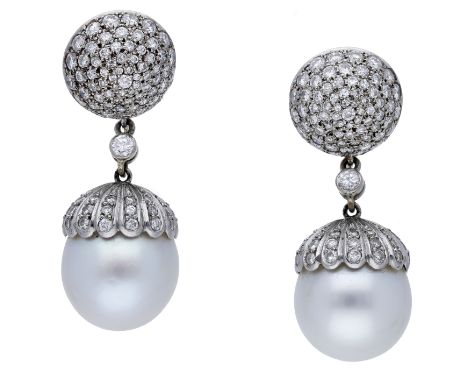 A pair of interchangeable cultured pearl and diamond ear pendants, the domed surmounts pavé-set with brilliant-cut diamonds a