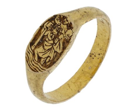 The Marlborough Iconographic Ring  A late Medieval gold iconographic ring, circa 1400-1500,  depicting St. Christopher and th
