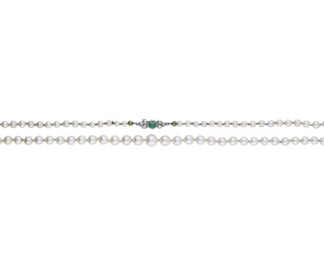 A cultured pearl necklace, the graduated strand of cultured pearls terminating in a transitional-cut diamond and cabochon eme