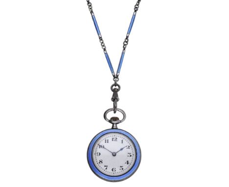 Swiss. A lady’s silver and enamel keyless watch with matching chain, circa 1910 Movement: cylinder escapement. Dial: silver, 