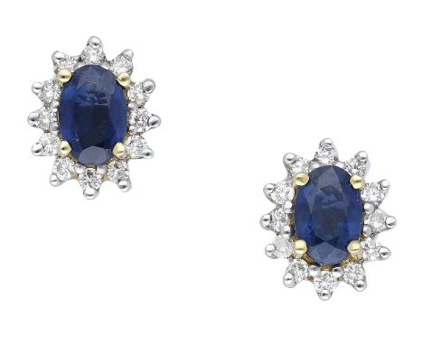 A pair of sapphire and diamond cluster ear studs, the oval mixed-cut sapphires within a surround of brilliant-cut diamonds, t