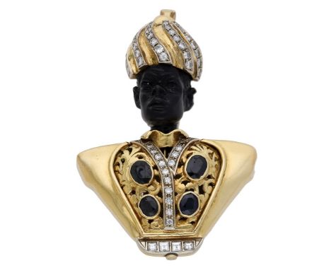 A gem-set brooch/pendant by Franconeri & Co., circa 1960, the ‘blackamoor’ bust with carved face, oval-cut sapphires to the p