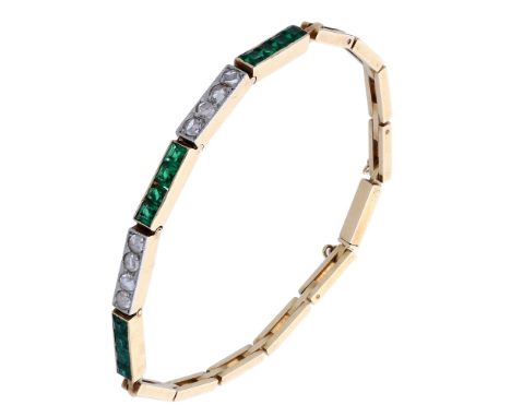 A diamond bracelet, set with alternating panels of rose-cut diamonds and step-cut green pastes, on a brick-link bracelet, len