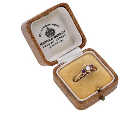 A 19th century ruby and pearl ring, comprising a half-pearl set between two cushion-shaped rubies in closed back settings, th