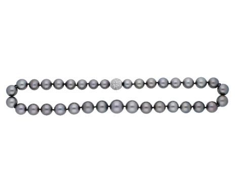 A cultured pearl necklace, the cultured pearls of brown-black tint measuring 10.30 - 14.60mm, to an 18ct gold spherical clasp