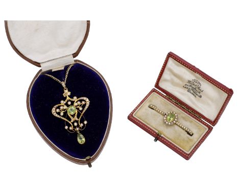 A collection of antique jewellery, circa 1890-1900, comprising a peridot and seed pearl bar brooch, cased by Weir & Sons, a s