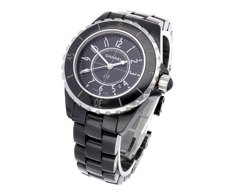 Chanel. A lady’s black ceramic and steel wristwatch with date and bracelet, J12, circa 2005. Movement: quartz  Dial: black, A