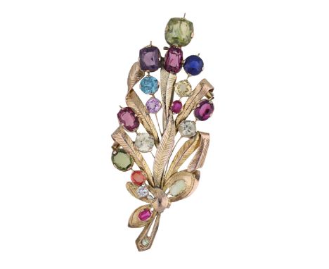 A mid 20th century gem-set spray brooch, the engraved foliage scattered with various gemstones to include sapphire, ruby, blu