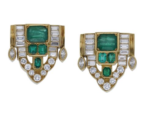 A pair of emerald and diamond earrings, of Art deco style, the central panels composed of graduated rectangular-cut emeralds 