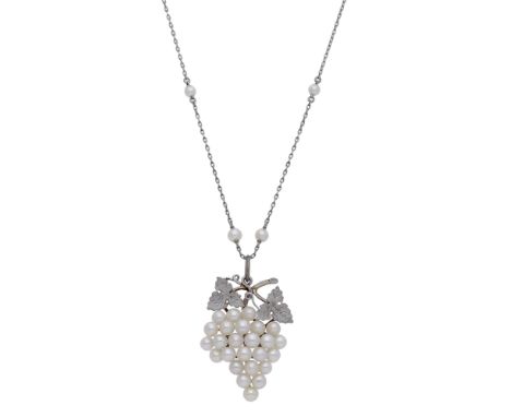 An early 20th century pearl necklace, the pendant designed as a fruiting vine, the grapes formed as a pearls and the platinum