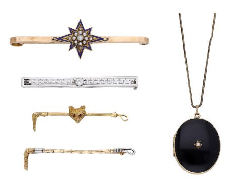 A small collection of jewellery, comprising two gold riding crop brooches, a 19th century onyx and seed pearl locket pendant 