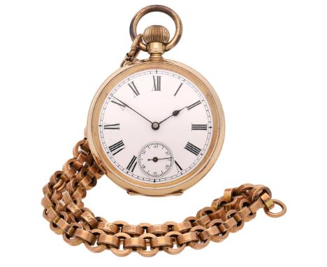 Swiss. A gold open-faced keyless watch with belcher link chain, circa 1900. Movement: manual winding, lever escapement. Dial: