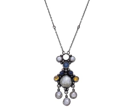 An Arts and Crafts gem-set pendant, formed as a cluster of silver beads, collet-set blister pearls and circular sapphire and 