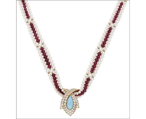 A French gem-set combination necklace, circa 1970, the triple strand of polished ruby beads and cultured pearls leading to a 