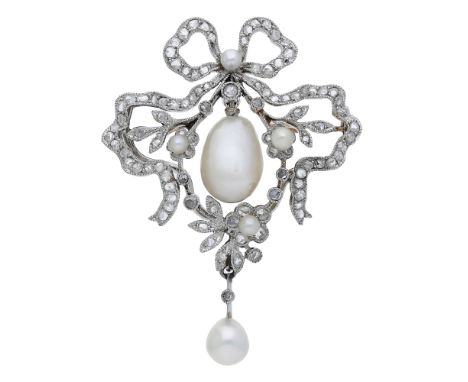 An early 20th century French pearl and diamond brooch/pendant, of garland design, the bow surmount set throughout with rose-c