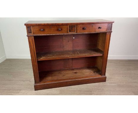 VICTORIAN MAHOGANY OPEN BOOKCASE,with twin frieze drawers above shelf, with moulded detail on plinth base, 108cm wide