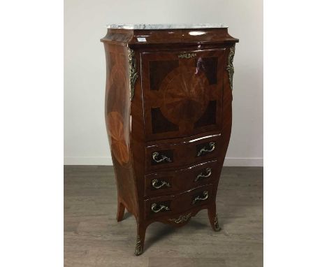 FRENCH KINGWOOD AND WALNUT SECRETAIRE CHEST,of Louis XV design, with shaped marble top over a bombe form carcass, the hinged 