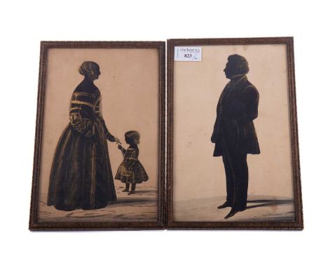 PAIR OF VICTORIAN PORTRAIT SILHOUETTES,the first depicting a mother and child, the second a father, both full length, framed 