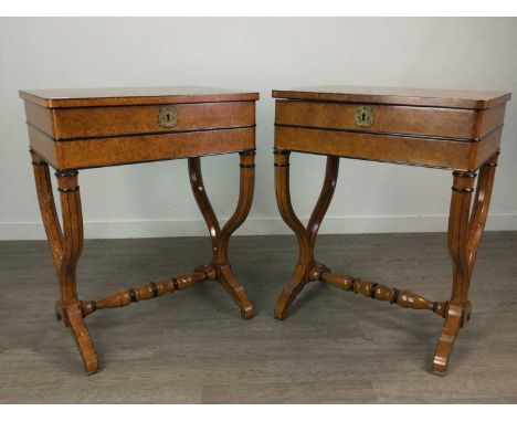 PAIR OF REPRODUCTION WORK TABLES,in the Biedermeyer style, with imitation burr finish on shaped and stretchered supports (2)C