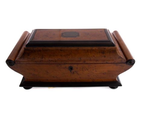 19TH CENTURY BURR WALNUT TEA CADDY,in the Biedermeier taste, the hinged lid opening to reveal a satin wood interior, with two