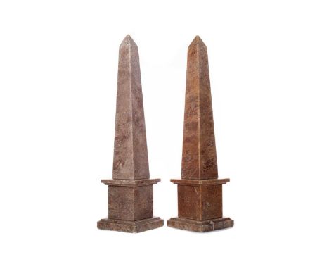 PAIR OF MARBLE OBELISKS,on stepped square bases, 51cm high (2)Condition report: Condition good to fair. Both subject to minor