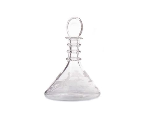 19TH CENTURY GLASS SHIP'S DECANTER,with bullseye stopper, with three applied rings over a body wheel engraved with a continuo