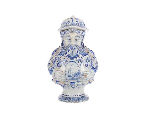 LATE 19TH/EARLY 20TH CENTURY DUTCH DELFTWARE FIGURAL JUG,modelled in the form of a bearded gentleman, with hinged cover, rope