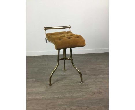 VICTORIAN BRASS PIANO STOOL,with button upholstered seat on tripod supportsCondition report: Condition generally good. Light 