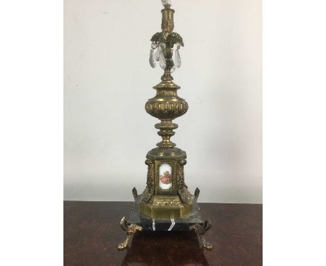 LATE 19TH CENTURY BRASS TABLE LAMP,on square hardstone base to four cast paw feet, converted to electricity, 53.5cm high excl