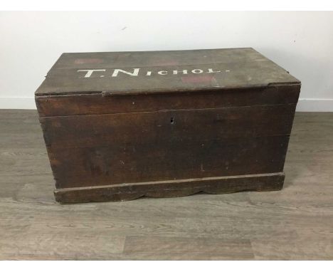 19TH CENTURY OAK TWIN HANDLED TRUNK,inscribed 'T. Nichol', 97cm wide
