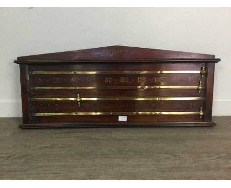 VINTAGE MAHOGANY BILLIARDS SCORE BOARD BY E. J. RILEY,with polished brass markers and runers, 38cm x 93cm