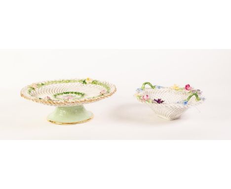 ADDERLEY ?FLORAL? CHINA TWO HANDLED BASKET, of oval form with floral encrusted border and moulded ozier pattern base, 2? (5.1