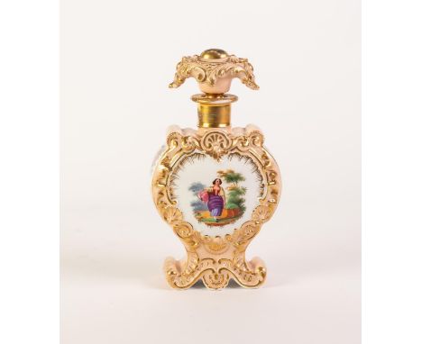 JACOB PETIT, FONTAINEBLEAU, NINETEENTH CENTURY FRENCH HAND PAINTED PORCELAIN ROCOCO PERFUME BOTTLE AND STOPPER, painted in co