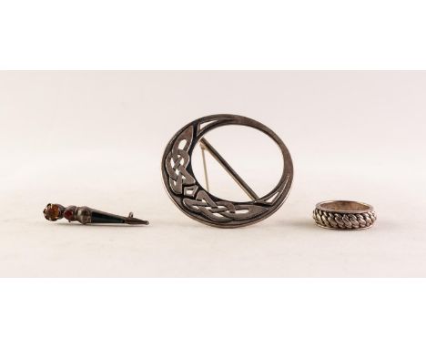SCOTTISH SILVER LARGE CIRCULAR PLAID BROOCH, pierced and embossed with celtic strapwork, 2in (5cm) diameter; a sterling silve