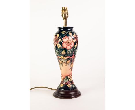 MODERN MOORCROFT POTTERY INVERTED BALUSTER SHAPE ELECTRIC TABLE LAMP on wooden base, tube lined with flowers, 16in (40.5cm) h