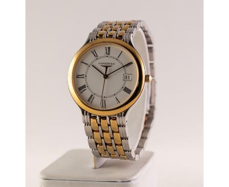 GENT'S LONGINES QUARTZ WRISTWATCH with circular white roman dial, with date aperture at 3, sweep seconds hand, bi-metal case 